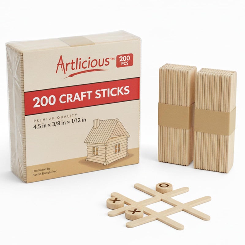 Artlicious 200 Pcs Wooden Craft Sticks â€“ Food-Grade Popsicle Sticks for Crafts & ice Cream Sticks â€“ Wooden Sticks for Crafts, Wood Craft Sticks, Popsicle Sticks Bulk (Natural, 4" x 0.5" x 4.5") - Image 1